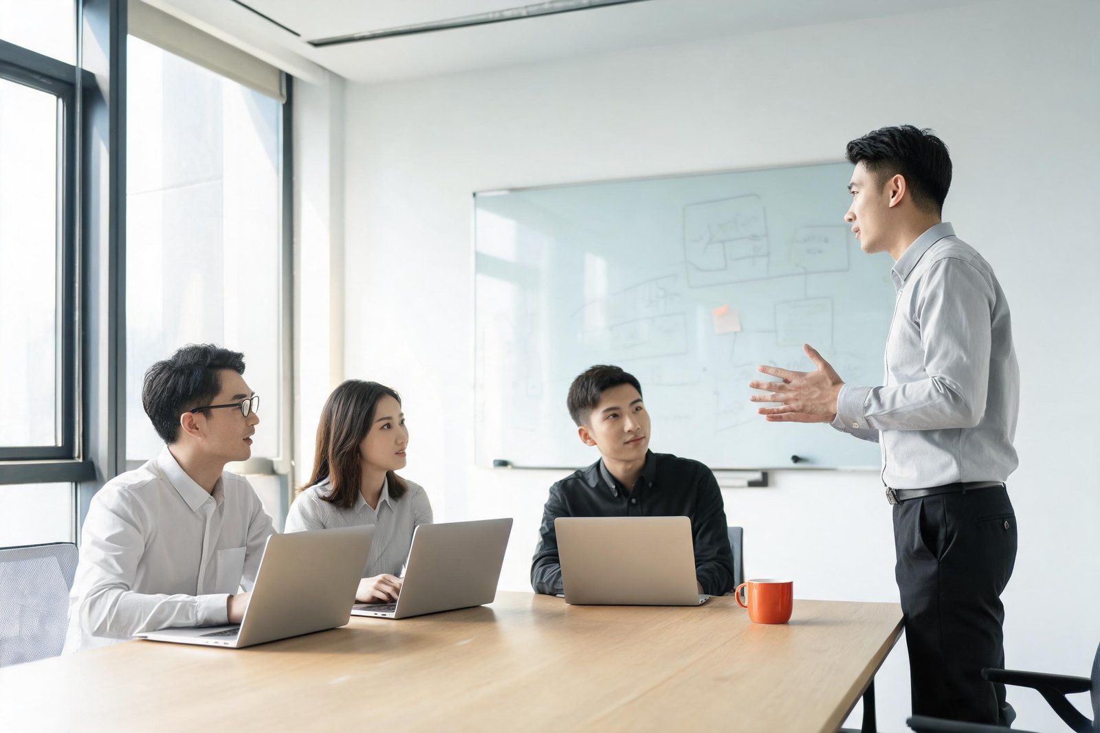 Consultants running a strategy workshop around a table in a bright office